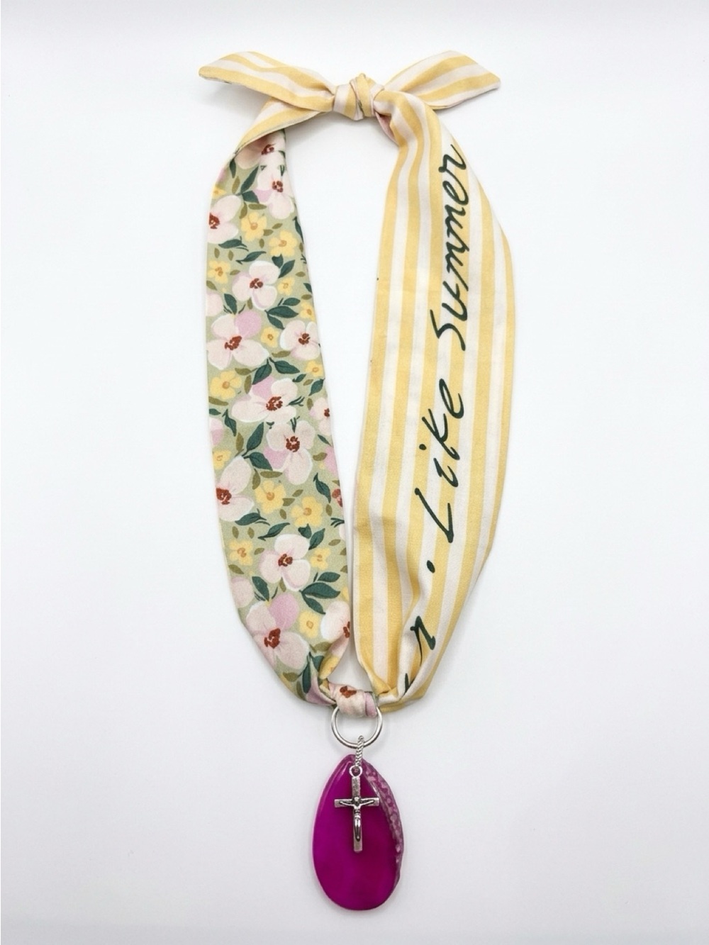Yellow Floral Scarf Necklace with Pink Teardrop Pendant